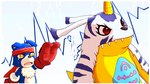 angry animal_skin anthro belly belly_markings bodily_fluids boxing_gloves breakup clothing crying duo fur handwear horn male male/male markings red_eyes slightly_chubby striped_body striped_fur stripes tears yellow_body yellow_eyes littlevdemagic bandai_namco digimon canid canine digimon_(species) gabumon gaomon mammal 16:9 4k absurd_res hi_res widescreen