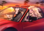 anthro black_body black_fur breasts car clothed clothing day detailed_background duo female fur male open_mouth outside sky smile teeth tongue vehicle white_body white_fur kammi-lu roxxy_(roxxy_n_roll) canid canine canis domestic_dog fox mammal 2020 digital_media_(artwork)