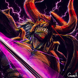angry anthro electricity glare hair horn light male muscular muscular_male pecs red_eyes sharp_teeth solo teeth white_hair ggggggsan1 bandai_namco digimon digimon_(species) monster titamon 1:1 hi_res lighting