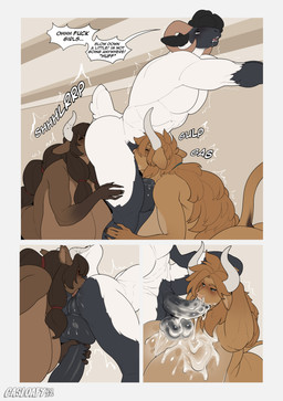 2_horns anal anthro anthro_on_anthro anthro_penetrated anthro_penetrating anthro_penetrating_anthro balls big_breasts biped black_body bodily_fluids breasts brown_body brown_hair butt cum cum_from_nose cum_in_mouth cum_in_nose cum_inside cum_on_balls cum_on_breasts cum_on_penis curled_horn deep_throat dialogue dock_(anatomy) drooling erection excessive_cum excessive_genital_fluids fellatio female female_penetrated female_rimming_male gagging genital_fluids genitals group group_sex gulp_(sound_effect) hair hand_on_penis handjob horn huge_breasts male male/female male_penetrating male_penetrating_female muscular muscular_male nude nude_anthro nude_female nude_male onomatopoeia oral oral_penetration oral_sandwich penetration penile penis penis_in_mouth perineum profanity rimming saliva saliva_on_balls scut_tail sex short_tail sound_effects speech_bubble tail text threesome trio white_body casloafy jessifer_(andrewhitebunny) melissa_(andrewhitebunny) bovid bovine caprine cattle mammal 2026 absurd_res comic english_text hi_res