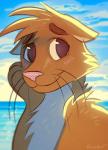 anthro beach blush brown_body brown_eyes brown_fur detailed_background ears_down eyebrows fur male multicolored_body multicolored_fur outside pivoted_ears sand seaside sky smile solo tuft water whiskers white_body white_fur orcaowl matix mammal mustelid otter 2017 absurd_res hi_res