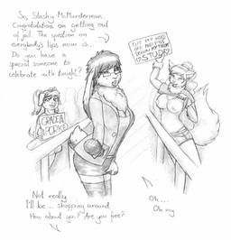5_fingers anthro bottomwear bow_ribbon breasts buckteeth chest_tuft cleavage clothed clothing dipstick_ears ear_markings electronics eyebrows eyewear female fingers flashing flashing_breasts fur furgonomics glasses group hair heart_symbol jacket microphone multicolored_ears nipples offscreen_character open_mouth shirt shorts sign slightly_chubby slightly_chubby_anthro slightly_chubby_female small_breasts standing tail tail_through_skirt teeth text topwear tuft willing_prey young young_female meowmere canid canine domestic_pig lagomorph leporid mammal rabbit suid suine sus_(pig) absurd_res english_text hi_res monochrome