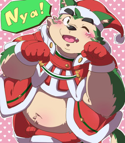 anthro belly blush bottomwear bulge christmas_clothing christmas_headwear clothing costume eyebrows fur green_body green_fur hat headgear headwear holidays male one_eye_closed overweight paw_pose pose santa_costume santa_hat shorts solo thick_eyebrows wink 810_snafking christmas lifewonders live_a_hero mokdai canid canine canis domestic_dog mammal hi_res
