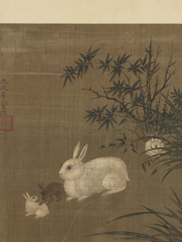 ambiguous_feral ambiguous_gender bamboo brown_body brown_fur feral fur group leaf long_ears looking_back lying plant quadruped scut_tail short_tail simple_background tail text white_body white_fur yi_yuanji lagomorph leporid mammal rabbit 11th_century absurd_res ancient_art chinese_text hi_res painting_(artwork) traditional_media_(artwork) traditional_painting_(artwork) translation_request