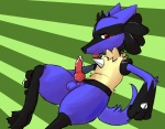 anthro balls black_body black_fur blue_body blue_fur bodily_fluids cum erection fur genital_fluids genitals male nude penis red_eyes solo tail yellow_body yellow_fur shugowah nintendo pokemon canid canine generation_4_pokemon lucario mammal pokemon_(species)