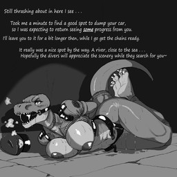 4_toes ankles_tied anthro arms_tied athletic athletic_anthro athletic_female bad_end ball_gag bdsm biped bodily_fluids bondage bound breast_squish breasts claws clothed clothed_anthro clothed_female clothing curling_toes curvy_figure dialogue eyelashes feet female fully_bound gag gagged hands_behind_back hogtied immobilization kidnapping legs_tied mostly_nude muffled nipples offscreen_character open_mouth open_mouth_gag police police_uniform restraints rope rope_bondage soles solo solo_focus squish submissive submissive_anthro submissive_female sweat sweatdrop tail tail_bondage tail_tied text thick_thighs toe_claws toes uniform zavni dinosaur prehistoric_species reptile saurischian scalie theropod tyrannosaurid tyrannosauroid tyrannosaurus tyrannosaurus_rex 1:1 english_text hi_res story
