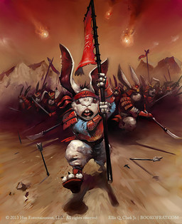 ambiguous_gender angry anthro armor arrow_(weapon) buckteeth clothing flag flag_(object) fur group headgear helmet holding_flag holding_melee_weapon holding_object holding_polearm holding_spear holding_weapon male melee_weapon mountain open_mouth polearm ranged_weapon red_clothing running samurai_armor spear teeth weapon white_body white_fur tealfuleyes hex:_shards_of_fate lagomorph leporid mammal rabbit 2013 digital_media_(artwork) official_art