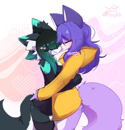 black_body black_fur black_hair blush blush_lines clothing countershading duo female female/female fox_ears fox_tail fur green_body green_eyes green_fur green_hair green_lipstick hair half-closed_eyes heart_symbol hoodie jacket kissing lipstick makeup multicolored_hair narrowed_eyes purple_body purple_fur purple_hair topwear white_body white_fur poxyhh vivian_(vyrissvixy) arctic_fox canid canine fox mammal true_fox absurd_res hi_res