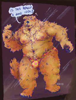 anthro blue_eyes blush bulge claws clothing finger_claws fluffy fur looking_at_self male neck_tuft nervous nipples overweight overweight_anthro overweight_male paw_print_underwear solo speech_bubble text toe_claws tuft underwear yellow_body yellow_fur chuchowriggle roy_granger bear bird_dog brown_bear canid canine canis domestic_dog golden_retriever grizzly_bear hunting_dog hybrid mammal retriever ursine english_text hi_res