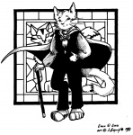 anthro biped cane cape classy clothed clothing front_view looking_at_viewer male solo stained_glass tail vintage greywolf felid feline lynx mammal 1994 black_and_white full-length_portrait monochrome pen_(artwork) portrait traditional_media_(artwork)