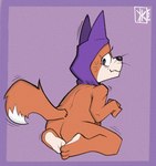3_toes anthro biped black_nose bodily_fluids border butt countershade_feet countershading eyelashes feet fur hood kneeling looking_back male motion_lines nervous nervous_sweat orange_body orange_butt orange_fur purple_background purple_border rear_view simple_background smile solo sweat toes whiskers kickingkeldeo shu_(dragon_ball) canid canine canis domestic_dog mammal shiba_inu spitz 2025 adversarial_noise dated digital_drawing_(artwork) digital_media_(artwork) hi_res signature