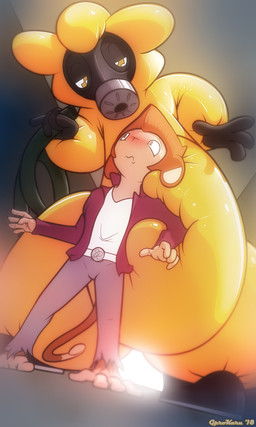 ambiguous_gender anthro belt clothing drone dronification duo fingers gas_mask glistening hazmat_suit hose imminent_transformation inflatable latex male mask nozzle pupils scared shirt suit topwear white_clothing white_shirt white_topwear yellow_body yellow_clothing yellow_pupils yellow_suit gprokaru stinky_the_skunk animate_inanimate haplorhine living_inflatable mammal mephitid monkey primate skunk 2018 3:5 absurd_res digital_media_(artwork) hi_res