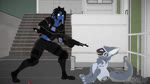 ambiguous_gender anthro black_hair blue_body blue_fur bottomwear clothing death dialogue duo female fur grey_body grey_fur gun hair heterochromia killing machine pants ranged_weapon shell_(projectile) shotgun shotgun_shell spas-12 weapon conditional_dnp domi3d domi_(domi3d) lagomorph leporid mammal protogen rabbit 16:9 3d_(artwork) 3d_animation animated digital_media_(artwork) hi_res huge_filesize short_playtime sound source_filmmaker_(artwork) webm widescreen
