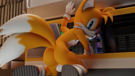 2_tails anthro backsack balls butt computer electronics genitals kneeling looking_at_viewer looking_back male mostly_nude multi_tail solo tail twintails3d sega sonic_the_hedgehog_(series) miles_prower canid canine fox mammal 16:9 3d_(artwork) digital_media_(artwork) hi_res widescreen