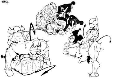 anthro big_breasts bodily_fluids breasts cum cum_covered duo female genital_fluids male male/female messy penetration size_difference spade_tail tail vaginal vaginal_penetration white_body north_star_500 onegai_my_melody sanrio kuromi demon lagomorph leporid mammal rabbit hi_res monochrome