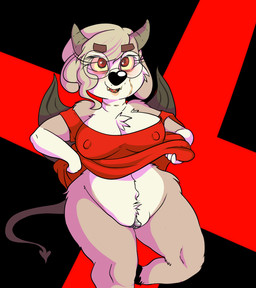 anthro big_clitoris biped black_background black_nose bottomless breasts chest_tuft cleavage clitoris clothed clothing clothing_pull erect_clitoris eyewear female fur genitals glasses grey_body grey_fur grey_hair hair hooves horn nipple_outline open_mouth pubes red_background red_eyes scar sharp_teeth shirt shirt_pull simple_background solo spade_tail standing tail teeth topwear topwear_pull tuft vulva wide_hips yellow_sclera sprockeyart lydia_hudson bovid bovine cattle demon mammal monster 2016 source_request