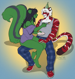 4_toes 5_fingers 5_toes anthro arm_markings barefoot big_tail biped birthday black_ears black_eyebrows black_hair black_lips black_markings black_stripes blue_background blue_bottomwear blue_clothing blue_pants bottomwear breasts brown_eyes brown_markings brown_tail_tip butt claws clothed clothed_anthro clothed_female clothed_male clothing countershade_face countershade_feet countershade_fur countershade_hands countershade_neck countershade_tail countershade_torso countershading crumbs cutlery dipstick_tail drawstring drawstring_bottomwear drawstring_clothing drawstring_pants duo eye_contact eyebrows facial_markings feet female female_anthro fingers food foot_markings fork front_view fully_clothed fully_clothed_anthro fully_clothed_male fur fur_markings gradient_background green_body green_ears green_eyes green_fur green_inner_ear green_tail grey_bottomwear grey_clothing grey_hat grey_headwear grey_markings grey_pants grey_shirt grey_tail grey_tank_top grey_text grey_topwear hair hand_markings hat head_markings headgear headwear holding_fork holding_object holding_plate humanoid_feet humanoid_hands iris kitchen_utensils leg_markings lips long_hair long_tail looking_at_another male male_anthro markings monotone_clothing monotone_hair monotone_shirt monotone_tank_top monotone_topwear multicolored_body multicolored_ears multicolored_fur multicolored_pants off_shoulder open_mouth open_smile pants party_hat pattern_bottomwear pattern_clothing pattern_pants plaid plaid_bottomwear plaid_clothing plaid_pants plantigrade plate pupils purple_clothing purple_shirt purple_topwear red_body red_ears red_fur red_tail shadow shirt short_hair short_snout shoulder_markings simple_background sitting sitting_on_another sitting_on_leg smile smiling_at_another smiling_at_each_other snout spread_legs spreading striped_body striped_fur striped_markings striped_tail stripes tail tail_markings tank_top teeth text text_on_clothing text_on_hat text_on_headwear toe_claws toes tongue tools topwear white_body white_claws white_countershading white_eyebrows white_fur white_hair white_inner_ear white_markings white_sclera white_stripes white_tail white_text yellow_background kittydee johara_mombasa_(gentlemanplayer) kyrell_sulaiman_(gentlemanplayer) felid mammal mephitid mustelid pantherine rodent sciurid skunk tiger 2026 artist_name dated digital_drawing_(artwork) digital_media_(artwork) english_text hi_res