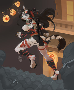 anthro big_breasts biped black_body black_clothing black_fur black_hair blue_eyes breasts butt butt_pose clothed clothing east_asian_architecture feet female fingers fur hair katana lamp lantern light long_hair looking_at_viewer looking_back looking_back_at_viewer melee_weapon ninja open_mouth paper_lantern plantigrade pose solo striped_body striped_fur stripes sword toes warrior weapon white_body white_clothing white_fur sazyazya felid mammal digital_drawing_(artwork) digital_media_(artwork) full-length_portrait hi_res lighting portrait shaded signature