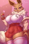 2022 2:3 5_fingers anthro anthrofied artist_name big_breasts bottomwear breasts clothed clothing complextree curvy_figure digital_media_(artwork) eevee english_text eyebrows eyelashes female fingers fur generation_1_pokemon gym_leader hi_res holding_object holding_pokeball hourglass_figure huge_breasts legwear looking_at_viewer mammal nintendo pokeball pokemon pokemon_(species) skirt solo squish text thick_thighs thigh_highs thigh_squish url voluptuous wide_hips