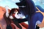 anthro blue_body blue_fur blue_hair brown_hair detailed_background duo eyes_closed female female/female fur hair hand_on_neck kiss_on_lips kissing ponytail red_hair romantic romantic_couple text translucent translucent_hair kacey antarctica_(kacey) candi_(kacey) ailurid canid canine fox mammal red_panda 2007 traditional_media_(artwork) url