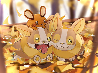 ;3 ambiguous_gender autumn autumn_leaves buckteeth carrying_another fangs feral green_eyes group on_head one_eye_closed open_mouth orange_body pawpads paws riding size_difference tail tan_body teeth tongue tongue_out trio whiskers 1south3927 nintendo pokemon canid canine dedenne generation_6_pokemon generation_8_pokemon mammal murid pokemon_(species) rodent yamper 2021 4:3 hi_res
