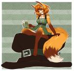 4_toes alcohol barefoot barmaid beer beverage breasts clothing collar dress fangs feet female freckles green_eyes hair holidays long_ears looking_at_viewer red_hair sitting solo teeth toes vulap firetally st._patrick's_day autumn_(praexon) canid canine fox mammal red_fox true_fox 2019 hi_res