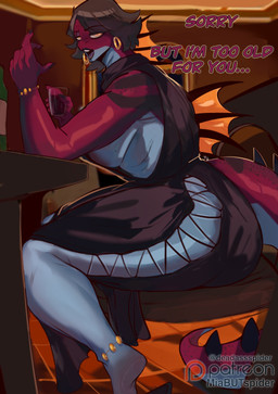 5_fingers anthro bar beverage big_breasts big_butt big_tail black_clothing black_dress black_hair blue_body blue_scales breasts bubble_butt butt claws clothing curvy_figure detailed_background dialogue dorsal_frill dress ear_piercing ear_ring eyelashes eyeshadow female finger_claws fingers footwear freckled_face freckled_shoulders freckles frill_(anatomy) glistening glistening_arms glistening_body glistening_legs glistening_scales glistening_thighs gold_(metal) gold_ear_ring hair heelpop high_heels hoop_ear_ring huge_butt huge_hips huge_thighs inside long_tail looking_at_viewer loose_footwear makeup medium_hair multicolored_body multicolored_scales neck_frill patreon_logo piercing purple_eyeshadow red_body red_scales ring_piercing scales shoes side_boob sitting solo spiked_tail spikes spikes_(anatomy) tail talking_to_viewer text thick_thighs two_tone_body two_tone_scales voluptuous voluptuous_anthro voluptuous_female wide_hipped_anthro wide_hipped_female wide_hips yellow_eyes deadassspider cavemanon_studios patreon snoot_game rubi_(snoot_game) amargasaurus dicraeosaurid dinosaur diplodocoid prehistoric_species reptile saurischian sauropod sauropodomorph scalie 2026 absurd_res artist_name digital_drawing_(artwork) digital_media_(artwork) english_text hi_res url watermark