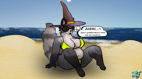 anthro beach belly bikini bikini_bottom bikini_top brown_hair clothed clothing curly_hair eyes_closed eyewear feet female foot_focus glasses hair hat headgear headwear lipstick magic_user makeup overweight overweight_anthro overweight_female partially_clothed solo swimwear tail thought_bubble two-piece_swimsuit water witch witch_hat frailfennec ember_ashwood_(frailfennec) mammal procyonid raccoon hi_res painting_(artwork)