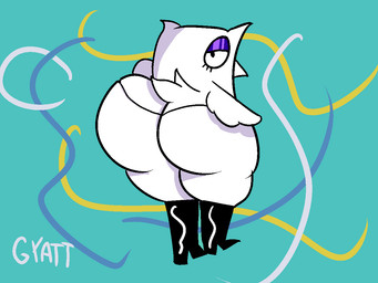 anthro beak big_butt black_eyes black_high_heeled_boots boots butt clothed clothed_anthro clothed_female clothing eyelashes feathers female footwear high_heeled_boots high_heels huge_butt leggings legwear light looking_back purple_eyelids shoes simple_background solo standing tail tail_feathers teal_background text thick_thighs white_beak white_body white_clothing white_feathers white_leggings white_legwear white_tail white_wings wings florofizz dirty_drawful drawful jackbox_games the_jackbox_party_pack sexy_owl_(jackbox) avian bird owl 2026 4:3 digital_drawing_(artwork) digital_media_(artwork) english_description full-length_portrait lighting portrait