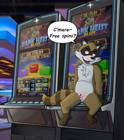 ambiguous_gender anthro brown_body brown_fur casino duo fur mascot null slot_machine solo text jonoracc international_game_technology raccoon_(bank_heist_blast) mammal procyonid raccoon hi_res