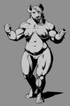 anthro belly big_nipples breasts ear_piercing female fist flexing genitals grey_background hair musclegut muscular muscular_anthro muscular_arms muscular_female muscular_thighs nipples nude piercing pussy short_hair simple_background slightly_chubby solo standing wide_hips falcon_mccooper hyena mammal hi_res monochrome sketch