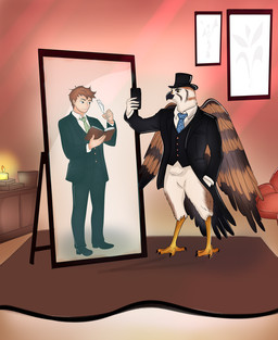 anthro back_wings clothing hat headgear headwear implied_transformation loose_feather male mirror notebook quill suit_and_tie taking_picture taking_selfie top_hat transformation wings dreamii volcav accipitrid accipitriform avian bird buteo chickenhawk human mammal red-tailed_hawk