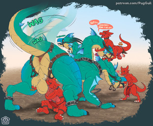 3_heads anthro anthro_on_feral anus ball_grope balls bestiality bottomwear bridle chain claws clothing collar dialogue digitigrade ear_frill feral frill_(anatomy) genitals green_body green_scales group horn humanoid_genitalia humanoid_penis larger_penetrated larger_sub loincloth male male/male multi_head oral oral_penetration penetration penis red_body red_scales scales size_difference small_but_hung small_top_big_bottom submissive tack tail tail_motion tailwag text tongue tongue_out whimper puggy european_mythology greek_mythology mythology nameless_character dragon hydra kobold mythological_creature mythological_scalie scalie english_text hi_res url