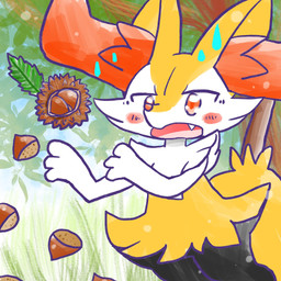 ambiguous_anthro ambiguous_gender anthro arms_out biped blush blush_stickers bodily_fluids chestnut detailed_background digitigrade food front_view fruit grass leaf leaning leaning_forward nut_(fruit) object_in_tail open_mouth open_smile outside plant smile snout solo standing stick stick_in_tail sweat sweatdrop tail tree annyui0611 nintendo pokemon braixen canid generation_6_pokemon mammal pokemon_(species) 1:1 2024 digital_drawing_(artwork) digital_media_(artwork) hi_res japanese_description portrait three-quarter_portrait translated_description