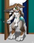 anthro bathroom blush catmonkshiro clothed clothing diaper diaper_only embarrassed hi_res holding_crotch lagomorph leporid male mammal rabbit solo topless