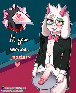 anthro blush butler clothing duo erection eyewear femboy fur genitals glasses horn humanoid_genitalia humanoid_penis looking_at_viewer male male/male mischievous_smile penis pink_eyes pink_horn pink_penis presenting solo solo_focus suit tongue tongue_out white_body white_fur elferdiart deltarune undertale_(series) ralsei bovid caprine darkner goat mammal swatchling absurd_res hi_res
