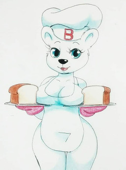 anthro apron apron_only blue_eyes bread breasts chef_hat clothed clothing female food gloves handwear hat headgear headwear mostly_nude solo text text_on_clothing text_on_headwear white_body mr-shin bimbo_(bakery) bimbo_bear bear mammal polar_bear ursine traditional_media_(artwork)