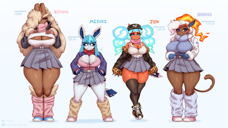 accessory animal_print anthro big_breasts black_clothing black_coat black_legwear black_sclera black_thigh_highs black_topwear blue_eyes blue_fingernails blue_nails blue_sclera blush blush_stickers bottomwear breasts cellphone cleavage cleavage_cutout clothed clothing coat collared_shirt colored_nails cutout dress_shirt ear_over_eye ear_piercing ear_ring electronics eyebrows eyelashes female fingernails fingers fire flaming_hair footwear front_view furgonomic_piercing furgonomics gesture glistening_eyelids grin group hair hand_gesture height_comparison holding_cellphone holding_object holding_phone holding_smartphone index_to_index jewelry legwear leopard_print long_eyelashes looking_at_viewer loose_socks nails phone piercing pink_clothing pink_dress_shirt pink_fingernails pink_nails pink_scarf pink_shirt pink_topwear pleated_skirt pseudo_hair red_eyes red_fingernails red_nails red_scarf ring_piercing scarf shirt shoes simple_background skirt smartphone smile sneakers socks squish tail tail_accessory tail_jewelry tail_piercing tail_ring_(piercing) text thigh_highs thigh_squish topwear twintails_(hairstyle) white_clothing white_coat white_eyes white_topwear yellow_fingernails yellow_nails yellow_sclera gammainks nintendo pokemon jun_(gammainks) kotomi_(gammainks) mizuki_(gammainks) nanako_(gammainks) eeveelution generation_4_pokemon glaceon infernape lopunny normal_rotom pokemon_(species) rotom 2026 absurd_res artist_name digital_media_(artwork) hi_res