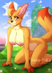 absurd_res angry anthro areola artist_name awoofy blush breasts brown_eyes canid canine digital_media_(artwork) female fur grass hi_res kirby_(series) kneeling looking_at_viewer mammal nana-yuka nintendo nipples nude orange_body orange_fur outside pink_areola pink_inner_ear pink_nipples plant shaded solo text url watermark