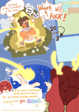 age_regression ambiguous_gender anthro antlers baby_talk bar_emanata blush brown_hair clothed clothing cloud_emanata crayon diaper dreadlocks duo emanata feather_hands feathers female floppy_ears fur glowing glowing_antlers hair handpads horn looking_at_own_hand lop_ears magic multicolored_body orange_body orange_feathers profanity red_body red_fur sitting sitting_on_armchair speech_bubble text thought_bubble wearing_diaper white_body white_fur hojaastrale astrale_(hojaastrale) oc_(crinklbird) avian bird jackalope kakapo lagomorph mammal parrot strigopoid absurd_res english_text hi_res