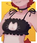 anthro bell bell_collar black_bra black_clothing black_underwear bow_ribbon bra breast_shot breasts cat_keyhole_bra cat_lingerie cleavage_cutout clothed clothing collar cute_fangs cutout fangs female frilly frilly_bra frilly_clothing frilly_underwear fur hair heart_symbol keyhole_bra keyhole_clothing keyhole_underwear lingerie medium_breasts pink_body pink_fur red_hair simple_background smile solo teeth three-quarter_view underwear nilnco meme_clothing nil_(nilnco) canid canine fennec_fox fox mammal true_fox hi_res meme