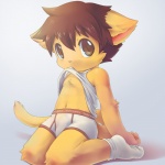 anthro biped brown_eyes bulge chest_tuft clothed clothing footwear fur kemono kneeling legwear looking_at_viewer male navel simple_background socks solo tail tuft underwear young young_anthro young_male unrealplace felid feline lion mammal pantherine 1:1