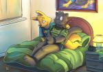 anthro bed black_body black_fur bound duo feathers fur furniture inside lamp male male/male smile yellow_body yellow_fur roarey_raccoon kaiketsu_zorori prince_arthur_(kaiketsu_zorori) zorori canid canine felid fox mammal pantherine