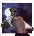 5_fingers abs anthro black_hair black_nose bottomwear clothed clothing cloud facial_hair fangs fingers full_moon goatee hair humanoid_hands looking_at_viewer male moon muscular muscular_anthro muscular_male night nipples open_mouth pants pecs shirt snout solo teeth tongue tongue_out topless topwear torn_clothing torn_shirt torn_topwear transformation yellow_eyes taurus666 mythology canid canine human mammal mythological_canine mythological_creature werecanid werecanine werecreature werewolf hi_res