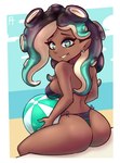 ball beach beach_ball bikini breasts butt clothing dark_body dark_skin ear_piercing eyebrows eyelashes female inflatable looking_at_viewer medium_breasts piercing pseudo_hair seaside side-tie_bikini sitting smile solo string_bikini swimwear teal_eyes tentacle_hair tentacles two-piece_swimsuit alex-toons nintendo splatoon marina_(splatoon) cephalopod humanoid marine mollusk octarian octoling 2023 absurd_res hi_res