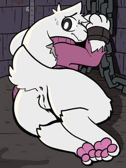 3_toes anthro anus bdsm bodily_fluids bottomless bound butt chain chained clothed clothing feet female female_anthro fur genitals pawpads paws solo sweat sweatdrop sweater toes topwear vulva white_body white_fur worried trout_(artist) cave_story kaede_(explosivecrate) lagomorph mammal mimiga 3:4 hi_res