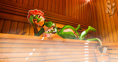 5_fingers 5_toes anthro areola armwear bandage bandaged_arm black_collar breasts bridal_gauntlets brown_armwear brown_bridal_gauntlets brown_clothing butt claws clothing collar feet female fingers glistening glistening_body glistening_scales green_body green_scales hand_on_face headgear headwear humanoid_feet inside long_tail looking_at_viewer lying medium_breasts nipples non-mammal_breasts non-mammal_nipples on_front plantigrade pupils red_areola red_clothing red_eyes red_headwear red_nipples sauna scales side_view slit_pupils smile smiling_at_viewer solo steam tail tail_hold toes impaer_jaster samzan_(modeler) humans_are_not_that_against_lizardwomen veinte_(hantal) lizard reptile scalie 3d_(artwork) absurd_res digital_media_(artwork) hi_res watermark