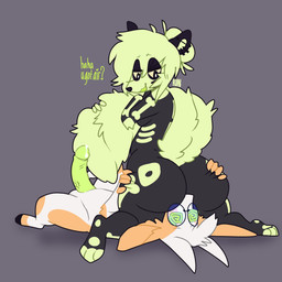 anthro bodily_fluids duo facesitting female genital_fluids looking_down lying male male/female nude on_back precum sitting_on_another spiral spiral_eyes text lamekun forrest_(chump) alien bovid caprine goat hybrid mammal mephitid skunk 1:1 absurd_res hi_res nonbinary_(lore)