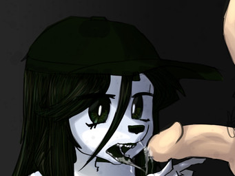 anthro black_background black_eyebrows black_eyes black_hair black_nose black_tongue bodily_fluids clothing cum cum_in_mouth cum_inside cum_on_face cum_string duo erection eyebrows eyelashes fellatio female fur genital_fluids genitals gradient_background green_eyes grey_background hair hair_over_eye hat headgear headwear human_on_anthro humanoid_genitalia humanoid_penis interspecies long_hair looking_at_genitalia looking_at_penis male male/female one_eye_obstructed open_mouth oral penile penis pupils sex simple_background teeth tongue tongue_out white_body white_fur white_pupils white_skin thighlordash bridgette_(thighlordash) canid canine canis domestic_dog human hunting_dog mammal terrier