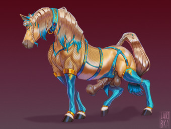 animal_genitalia animal_penis balls clothing collar equine_genitalia equine_penis erection feral fishnet_clothing fur genitals hooves legwear looking_at_viewer male penis simple_background smile solo stockings tail urethra jaribka equid equine horse mammal digital_media_(artwork)